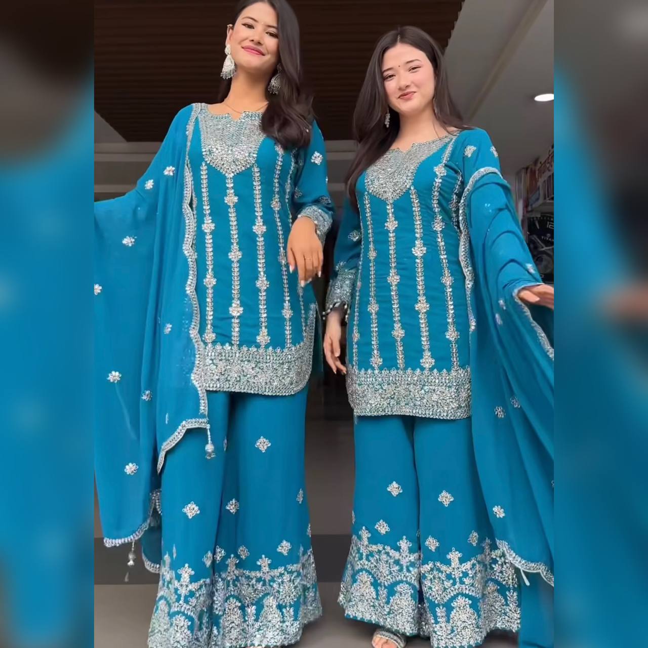 Royal Cerulean Silver-Embroidered Sharara Set